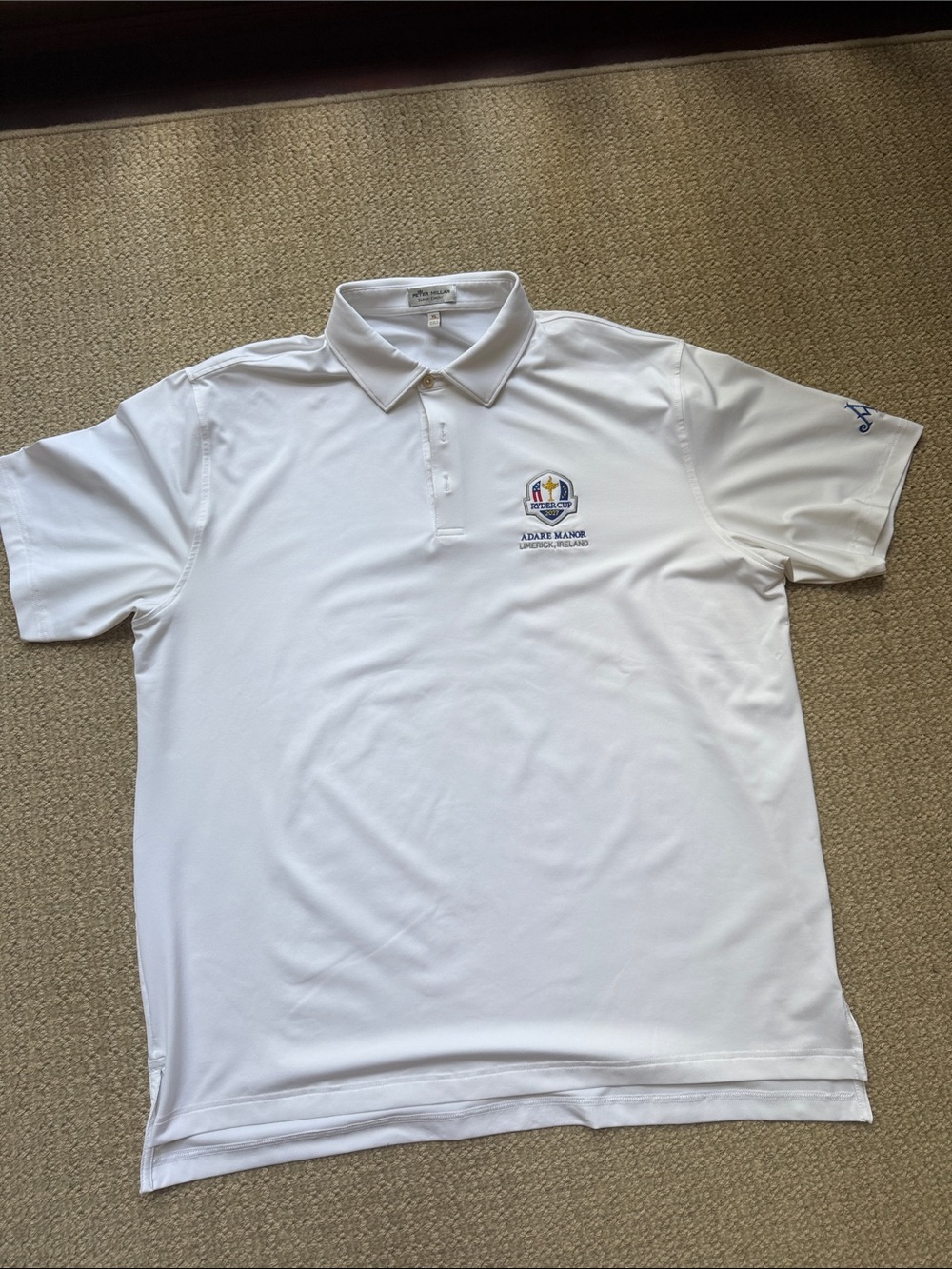 Peter Millar 2027 RyderCup White Polo with Embroidered Crest Adare Manor UPF 50+